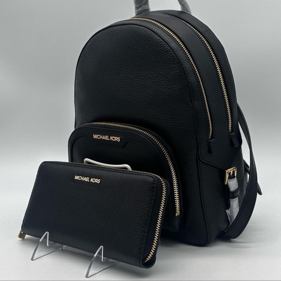 Michael Kors Medium Jaycee Backpack & Continental Wallet Wristlet Black - Picture 1 of 14